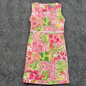 Tahiti Reef Club Pink Green Tropical Patchwork Daisy Trim Shift Dress Womens S